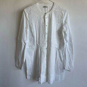 Portray Berlin Womens White Long-Sleeve Button-Up Embroidered Tunic Top Sz GB 10